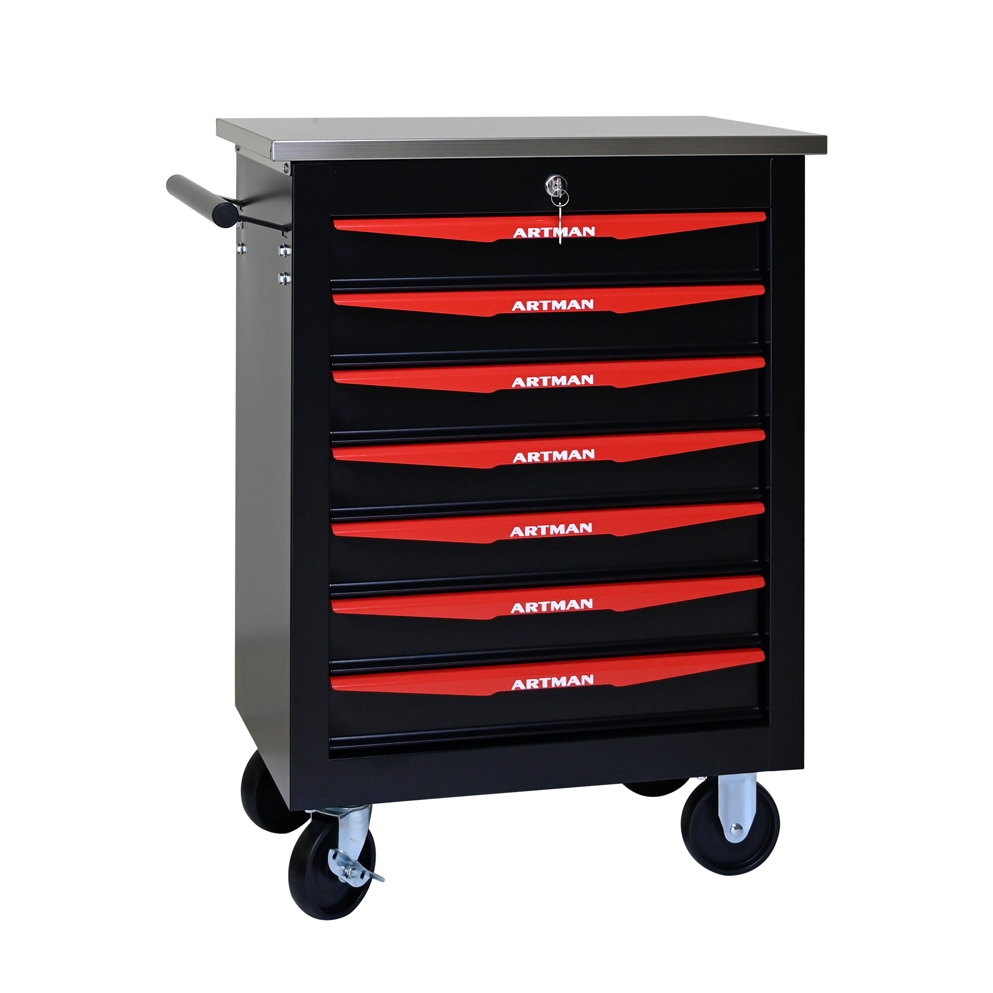 Chariot à outils 7 tiroirs sur roues pivotantes avec freins, verrouillage à clé, acier robuste, noir et rouge, 62,5x34,5x78 cm