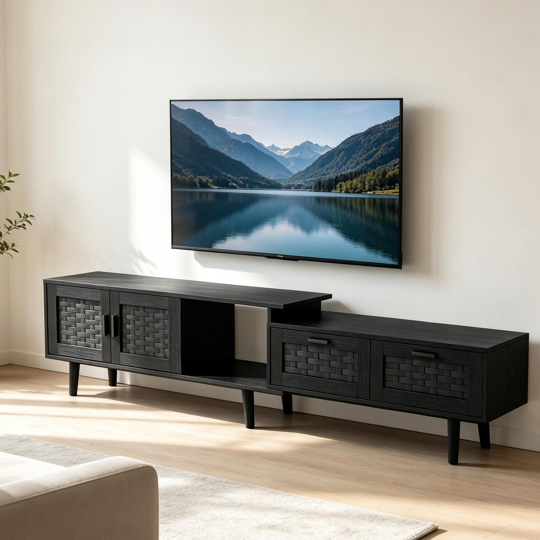 Meuble Tv Extensible - Avec Portes - Avec Tiroirs De Rangement - Meuble Tv En Bambou Et Rotin Tressé - Rotin Couleur Chêne - Style Salon Moderne