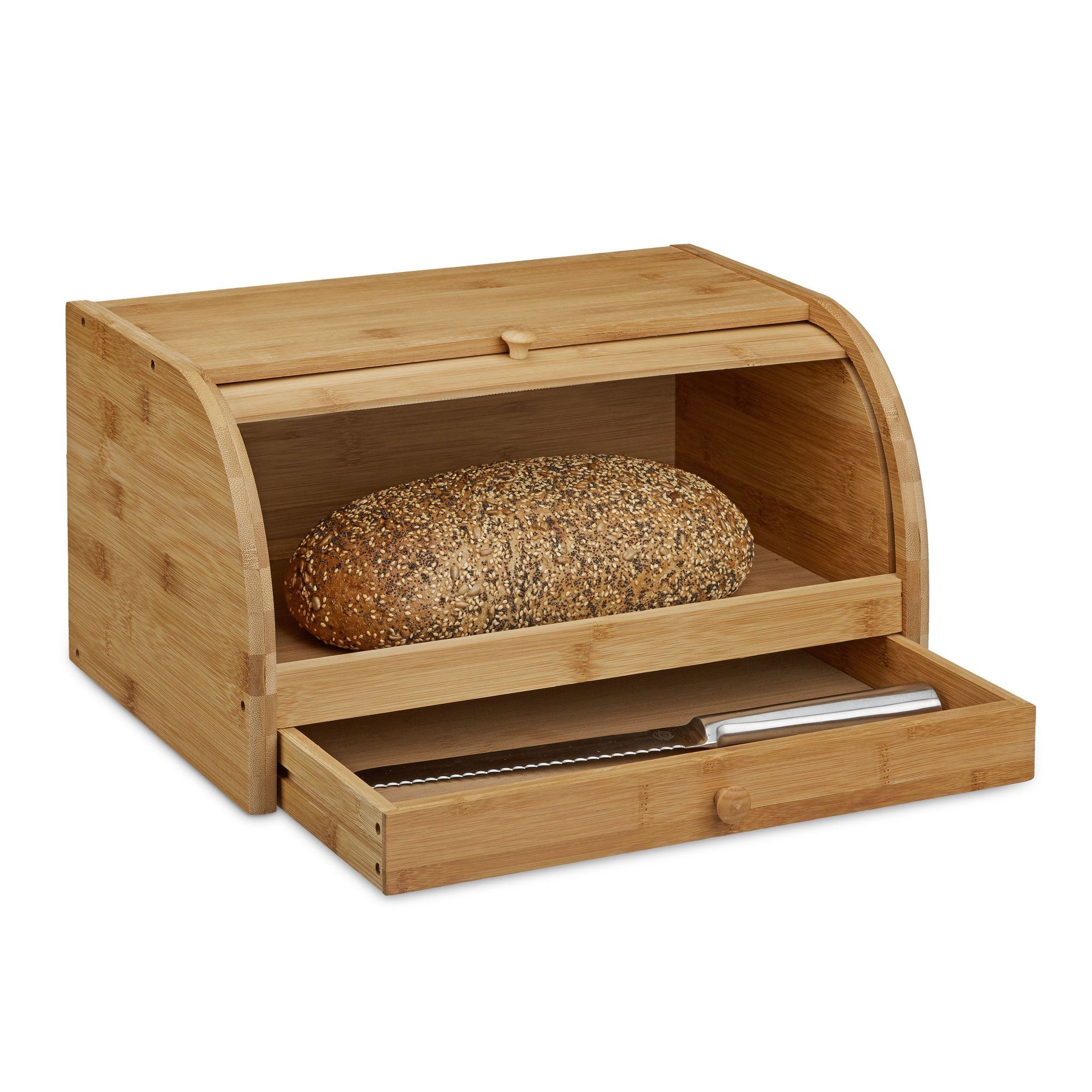 Relaxdays Braun Rollbrotkasten Mit Schublade, Bambus, Aromadicht, Brotkasten Mit Rolldeckel, Hxbxt: 21X40,5X28 Cm, Holz, Natur