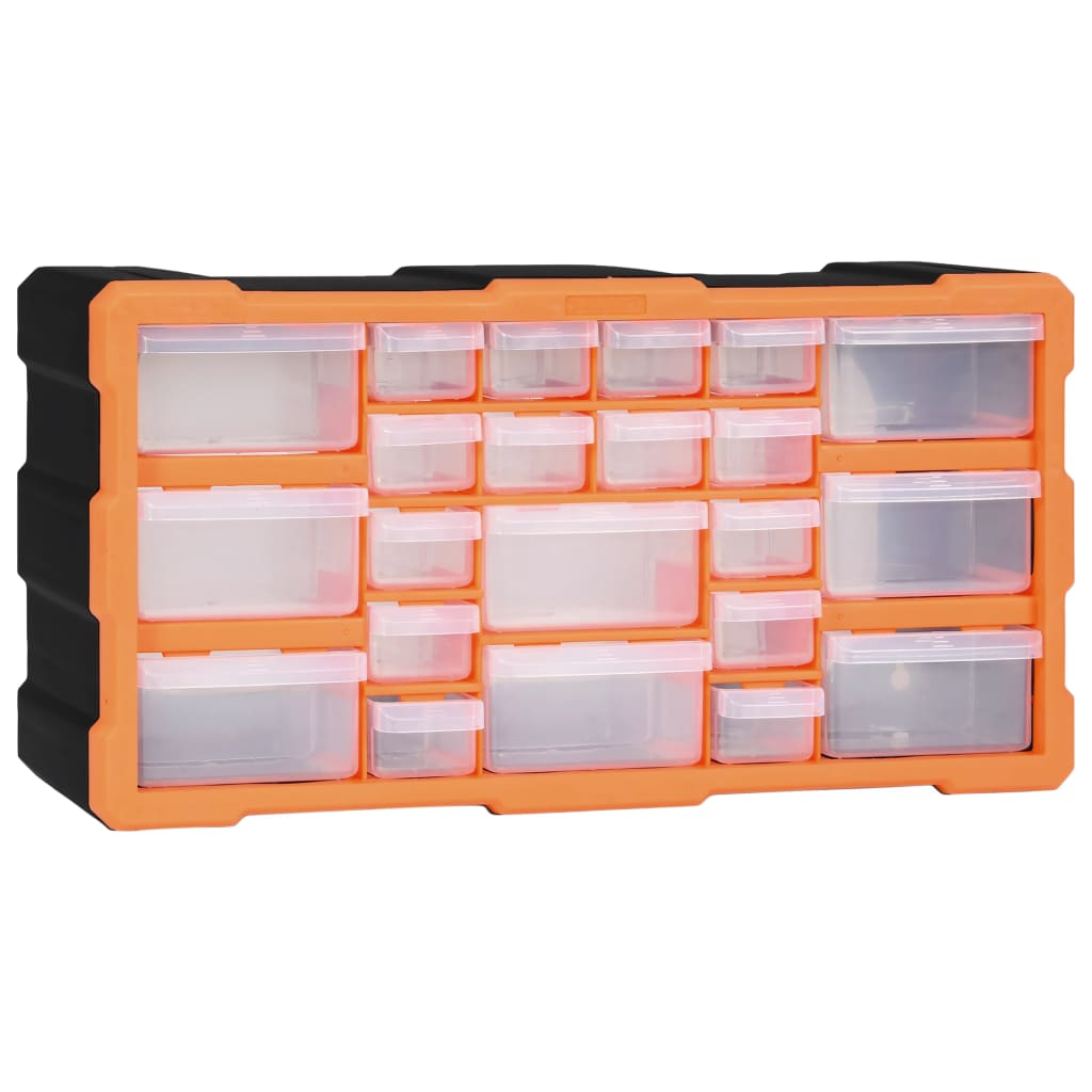 Organisateur 22 tiroirs en PP orange et noir, 49 x 16 x 25,5 cm, 14 petits et 8 moyens, fixable au mur