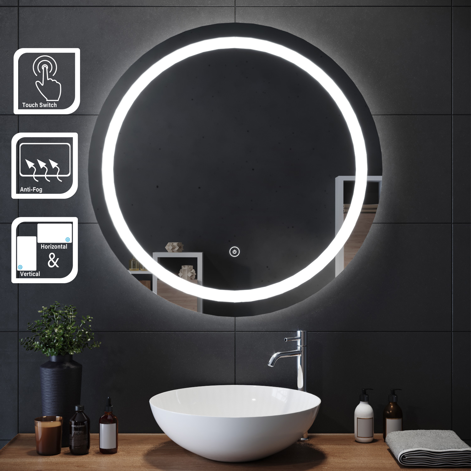 Sirhona - Miroir Lumineux De Salle De Bain - Miroir Led 80 X 80 Cm Avec