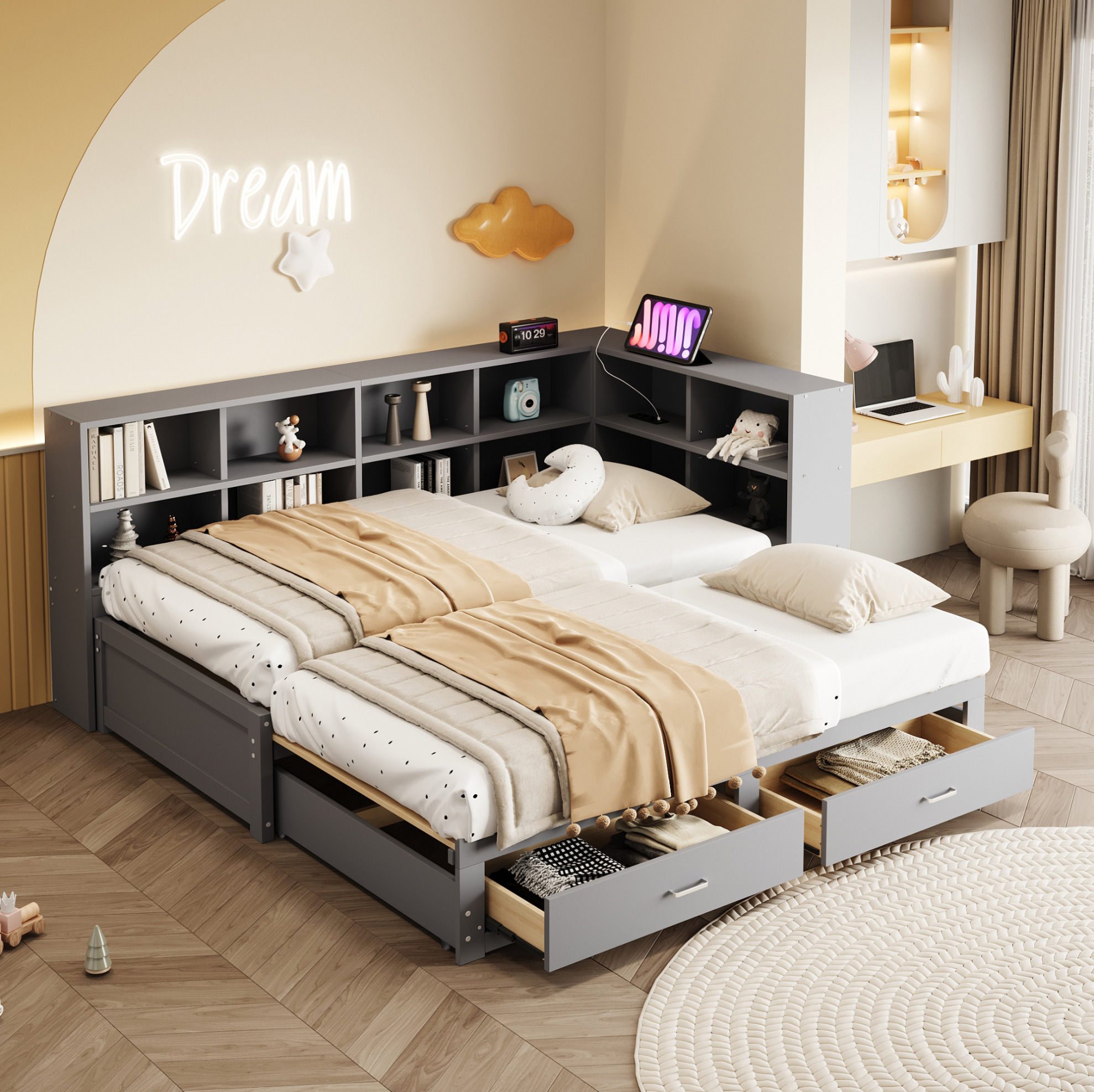 Desviae Lit Banquette Gigogne En Bois Avec Rangement Prises