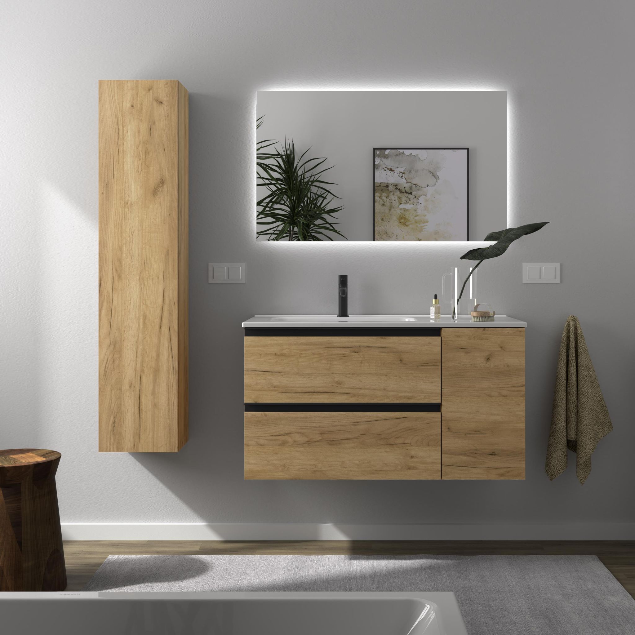 Meuble De Salle De Bain Bequia Plus Metal 100cm Chêne Vasque Porcelaine Robinet À Gauche 1p