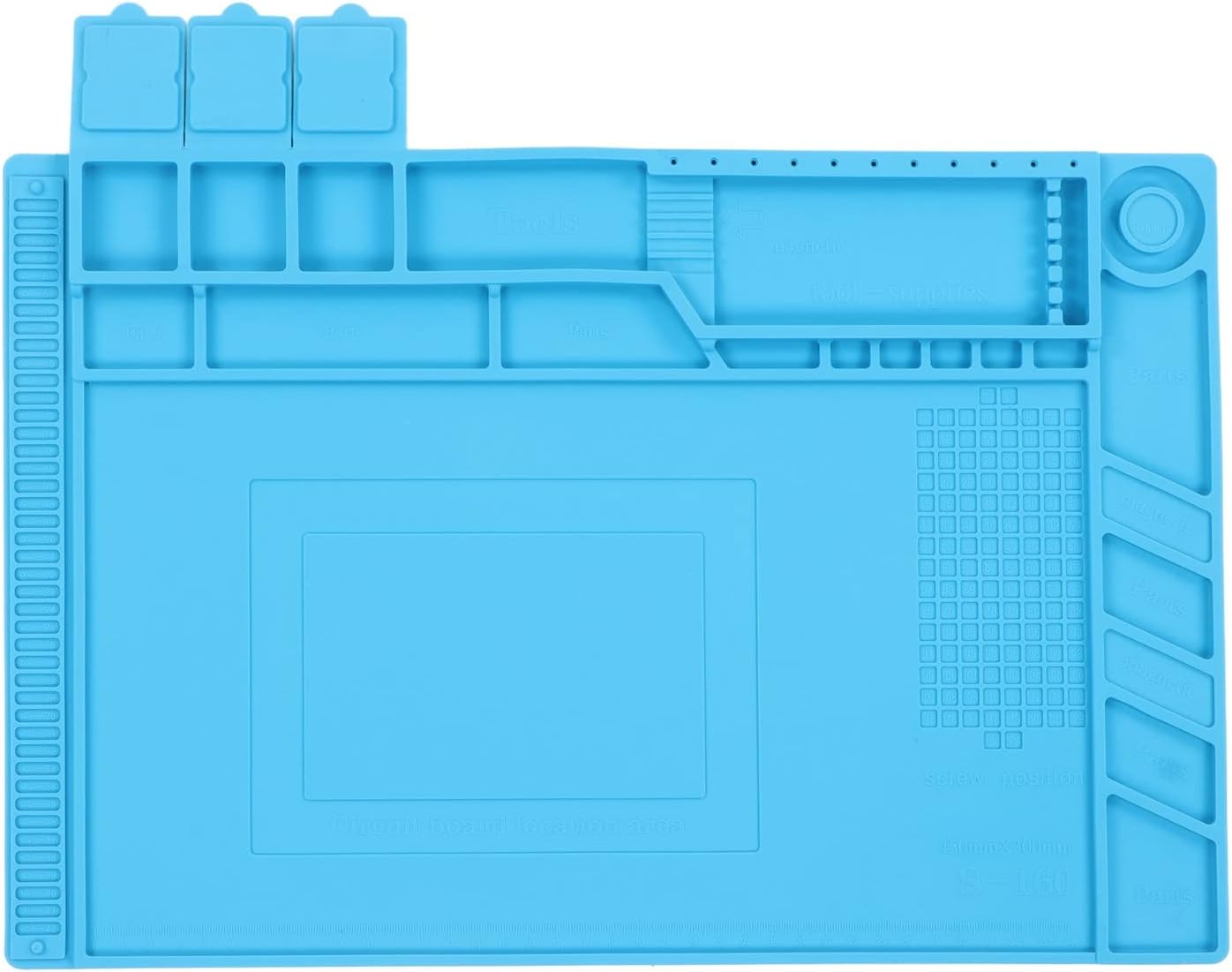 Tapis de soudure en silicone thermo-isolant avec règle et compartiments à vis, bleu
