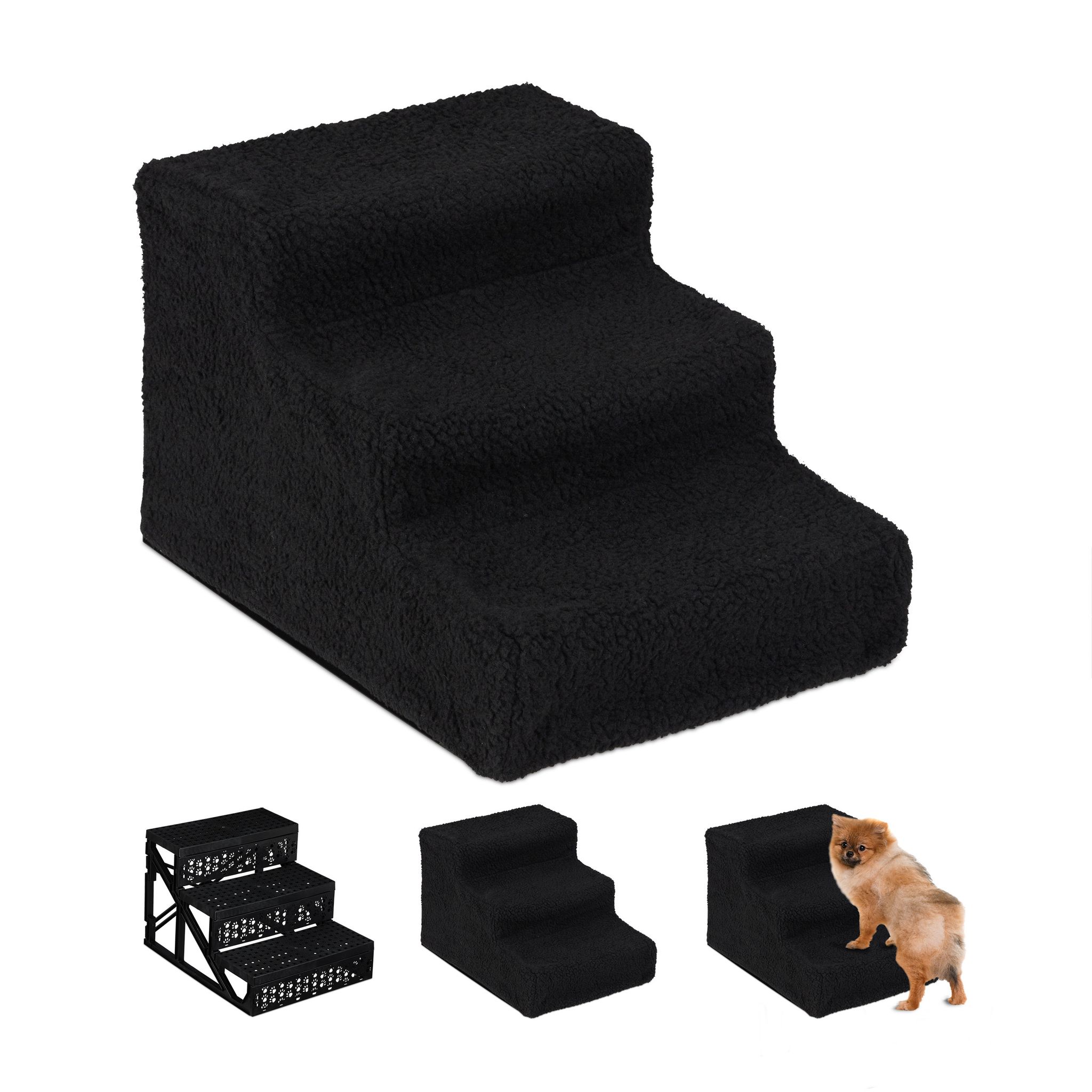 Relaxdays - Hundetreppe 3 Stufen, Kleine & Große Hunde, Bett & Couch, Stoffbezug, Tiertreppe Innen, 30X35x45 Cm, Schwarz 4052025940690