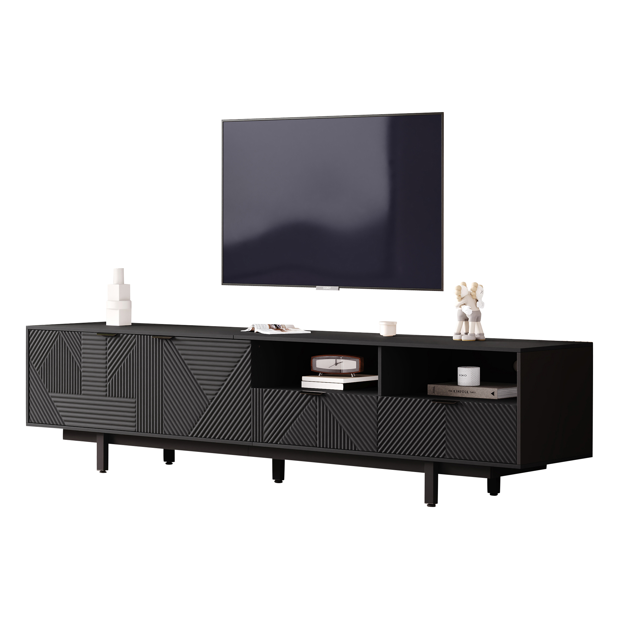 Stilvora Tv-schrank Mit 2 Türen, Offenen Fächern Und Kabeldurchlass, Aus Spanplatte, Schwarz, 200 X 40 X 51 Cm