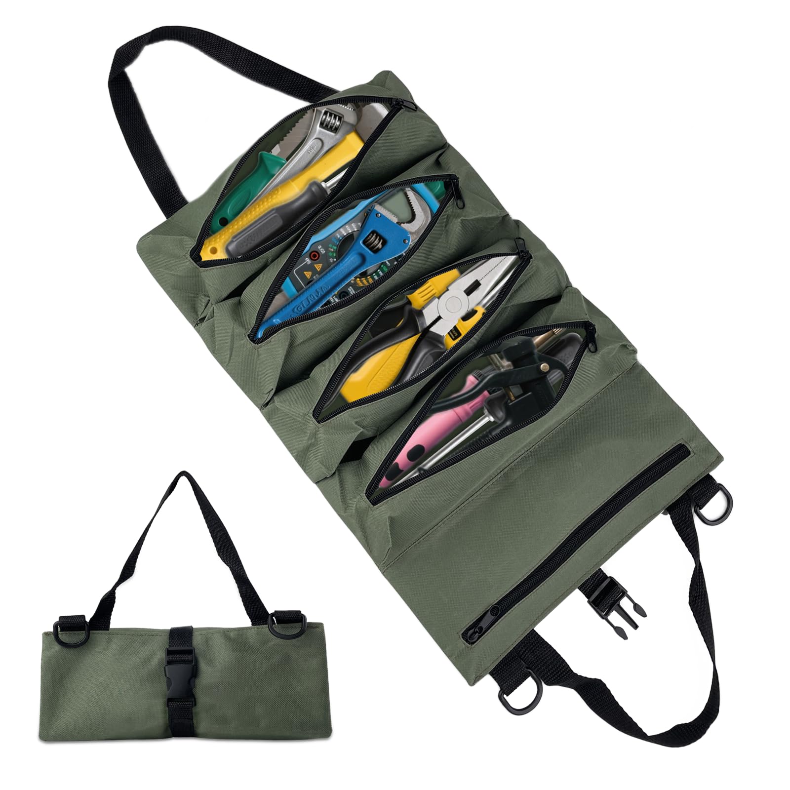 Sac à outils enroulable en toile Oxford, 5 poches à fermeture éclair, vert