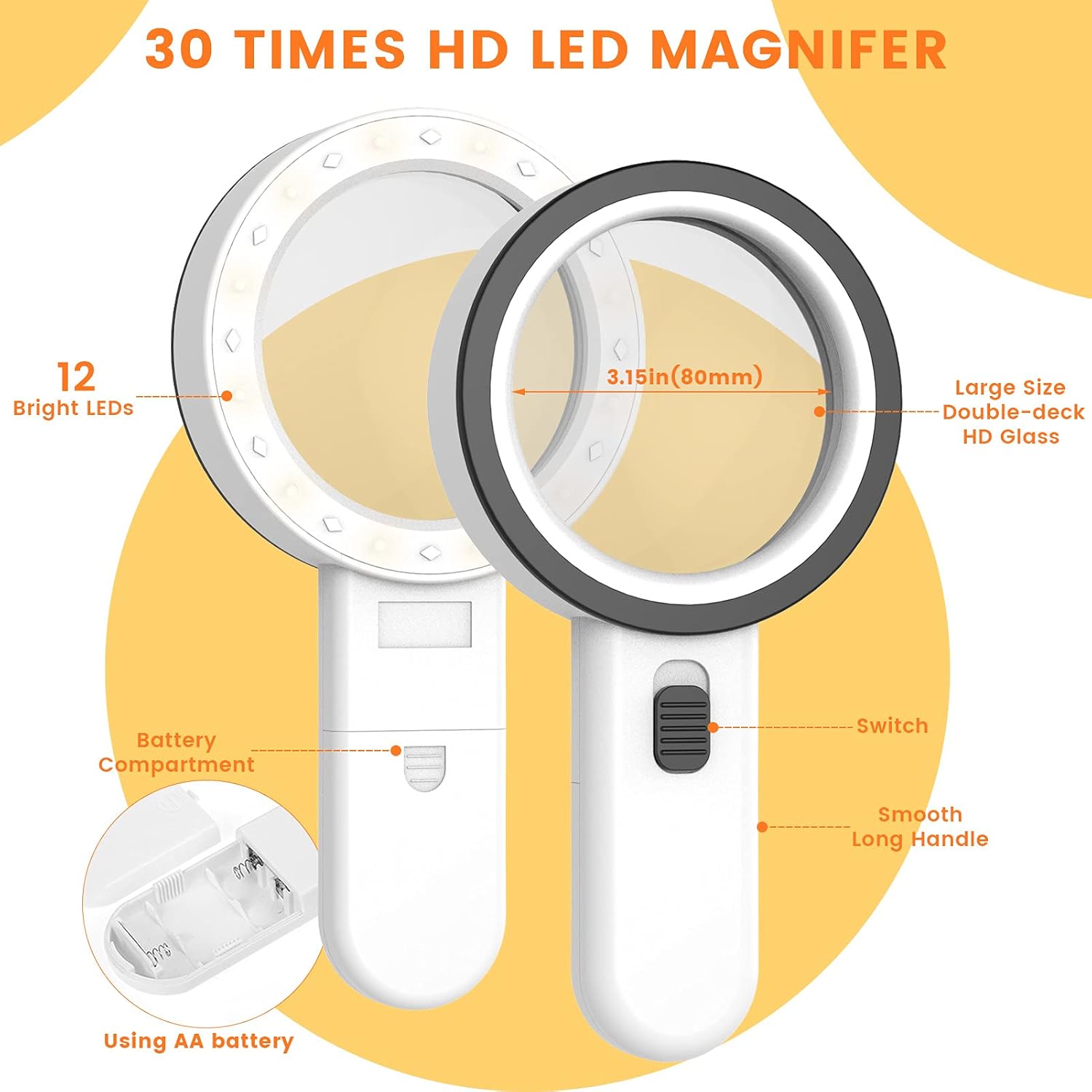 Loupe de poche 30x à double lentille en verre 80 mm, 12 LED, blanc et noir, 3 déclinaisons
