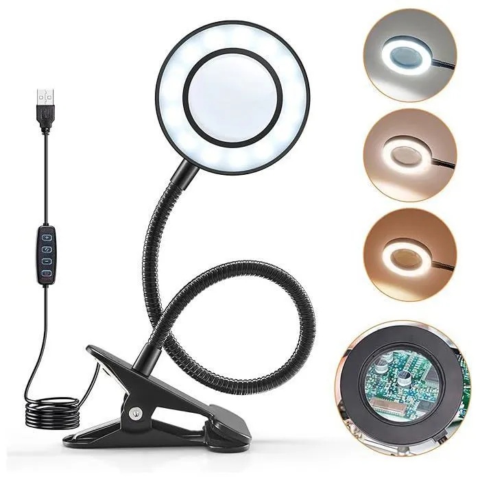 Lampe loupe de bureau LED à pince, 3 couleurs et 10 niveaux de luminosité, bras flexible 360°, lot de 10
