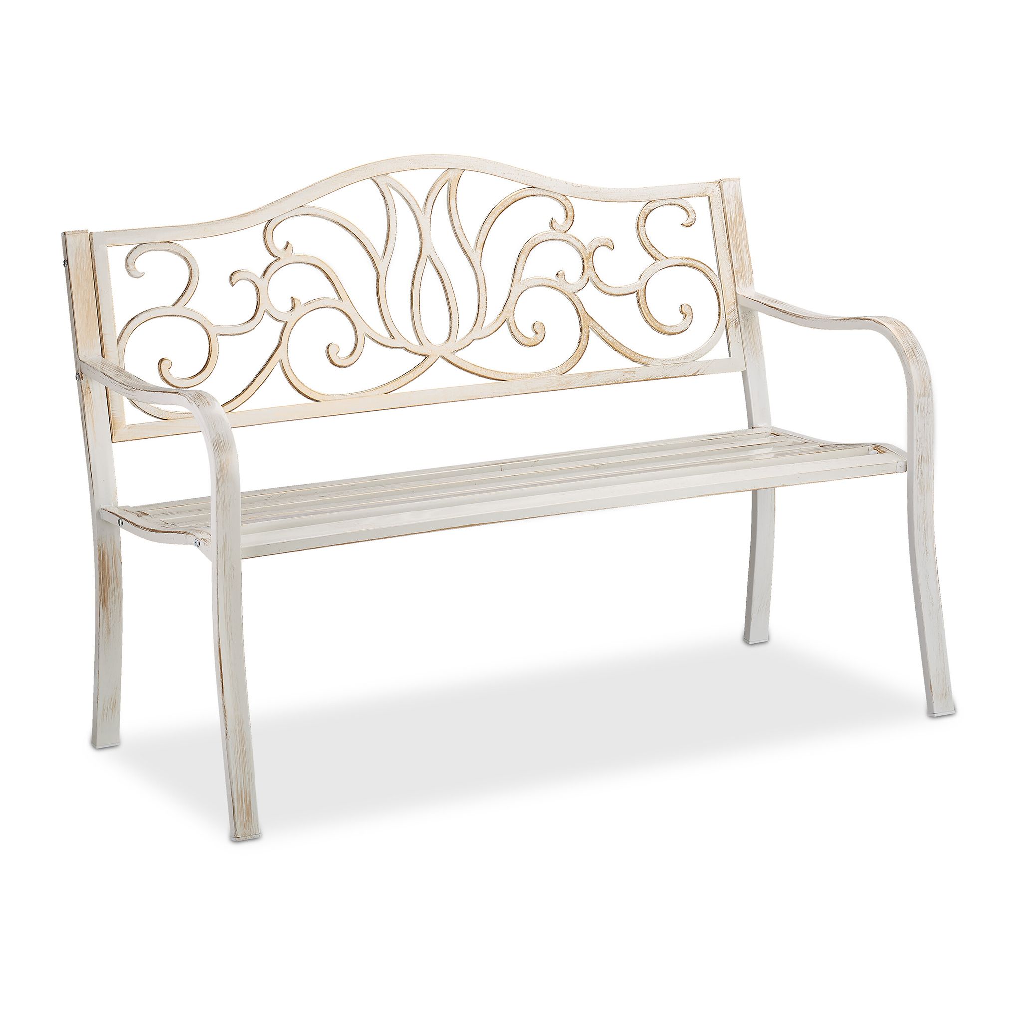 Relaxdays Antique-looking Garden Bench, 2 Seater, Outdoor Seating, Park Bench, Steel, 127.5 X 63 X 90 Cm, White-bronze
