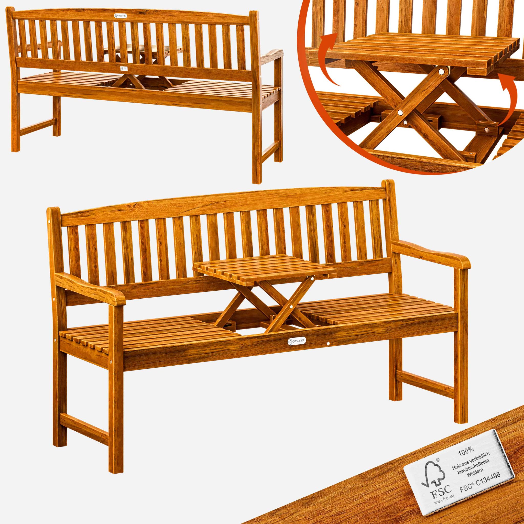 Casaria® Gartenbank Wetterfest Holz Fsc®-zertifiziert 480kg Belastbar 3-sitzer Armlehne Rückenlehne 153x57cm Garten Balkon Holzbank Eukalyptus Braun