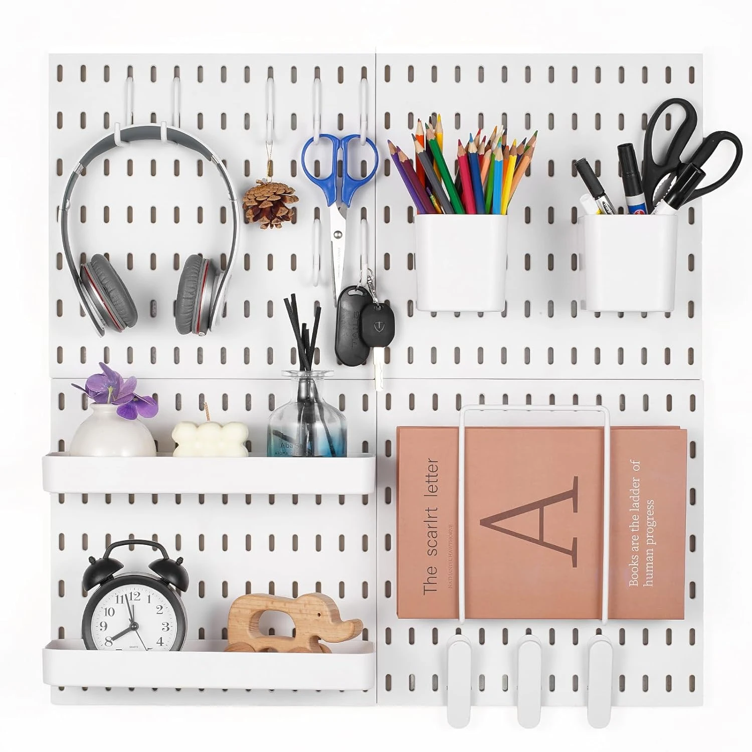 Panneau mural perforé modulaire 280 x 280 mm en ABS/HIPS, 9 kg par panneau, kit de 4 panneaux avec accessoires, blanc