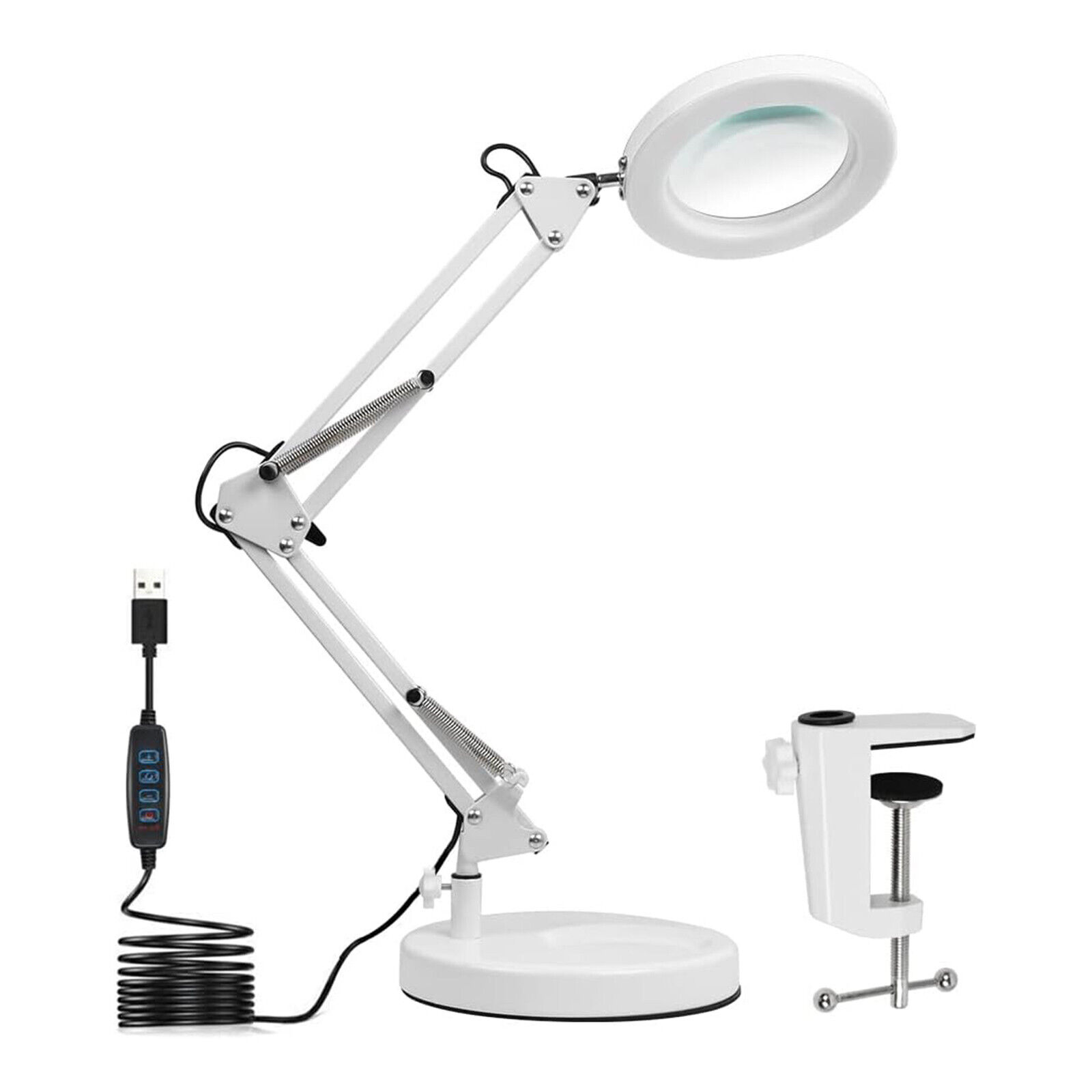 Lampe-loupe de bureau LED 10x, 3 modes d'éclairage, support métal, base et pince, alimentation USB