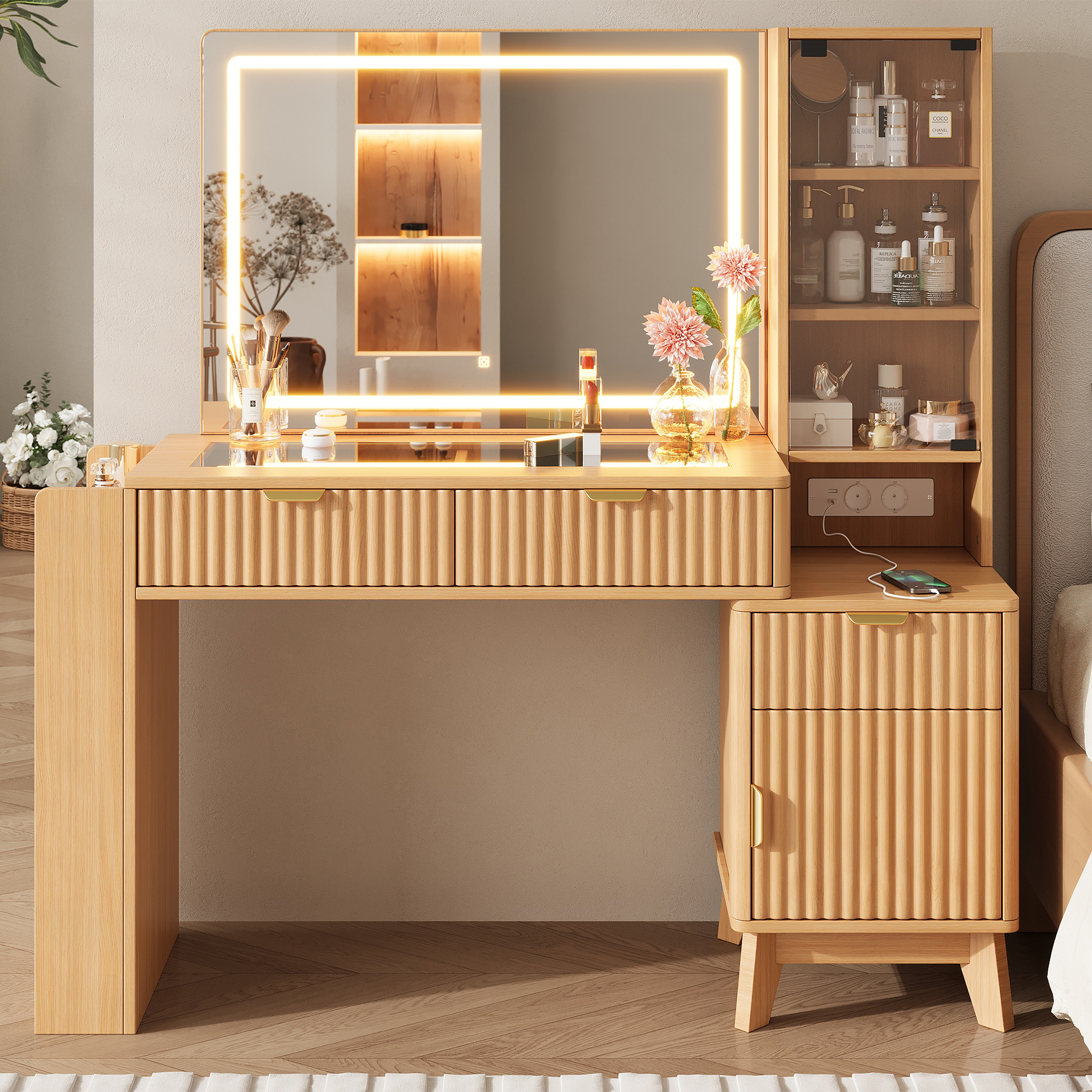 Coiffeuse Avec Miroir Led 3 Couleurs Et Luminosité Réglable, 2 Prises, Usb Et Usb-c, 3 Tiroirs, Tablettes En Verre, 133x40x136 Cm