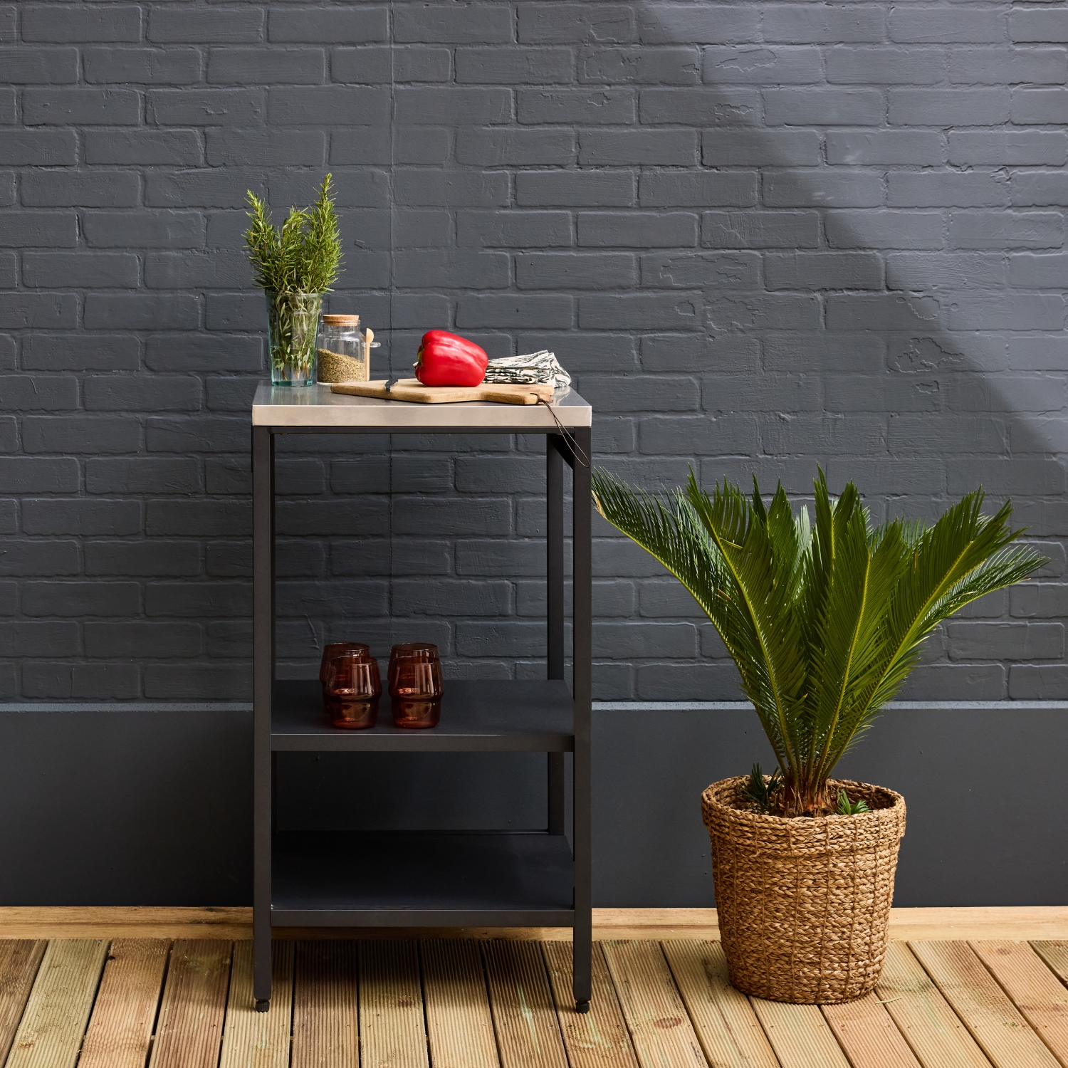 Cuisine D'Extérieur En Acier Noir Avec 2 Étagères L49cm