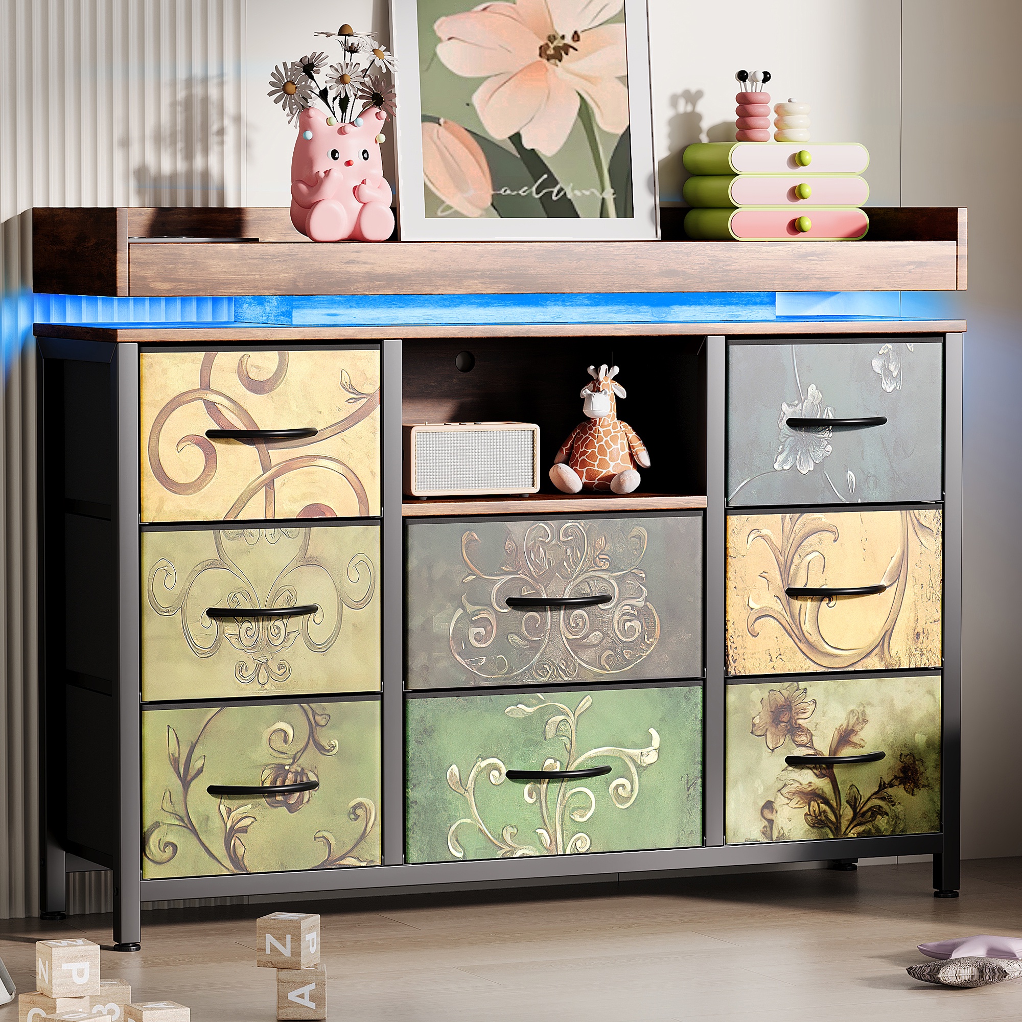 Buffet 108x30x82 Cm Avec 8 Tiroirs En Tissu - Commode De Rangement
