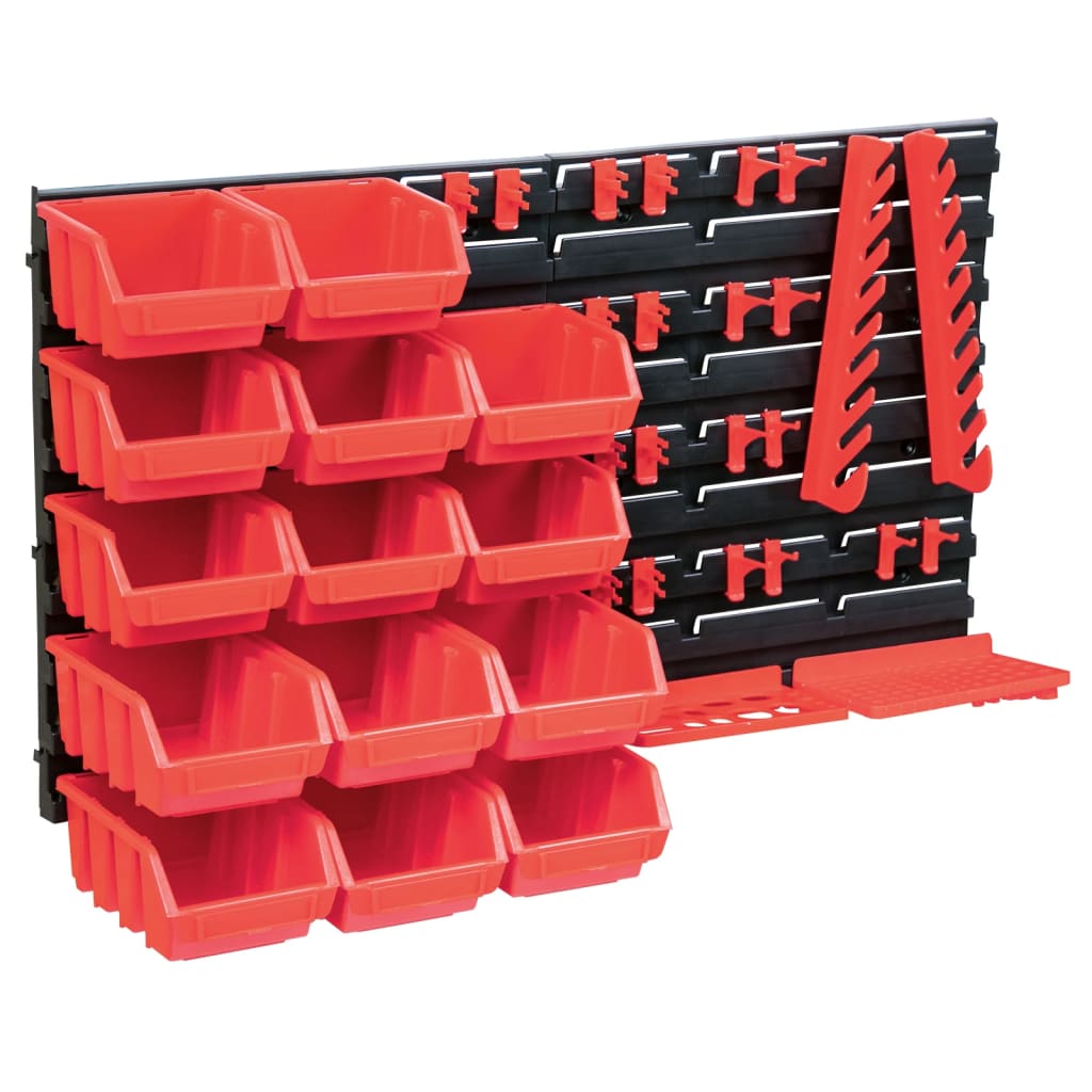 Kit de rangement mural empilable en plastique, 39 pièces avec bacs amovibles et 2 panneaux, rouge et noir