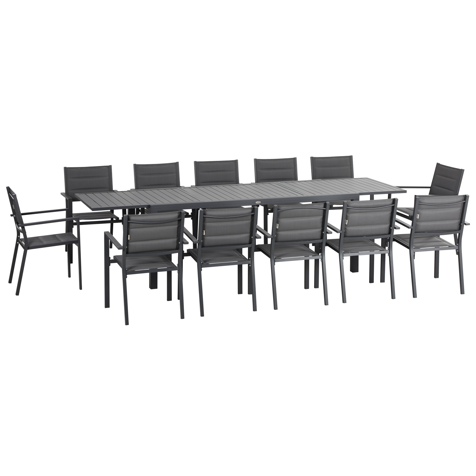 Salon De Jardin En Aluminium Et Textilène Table Extensible 8/12 Personnes 12 Chaises Empilables Gris