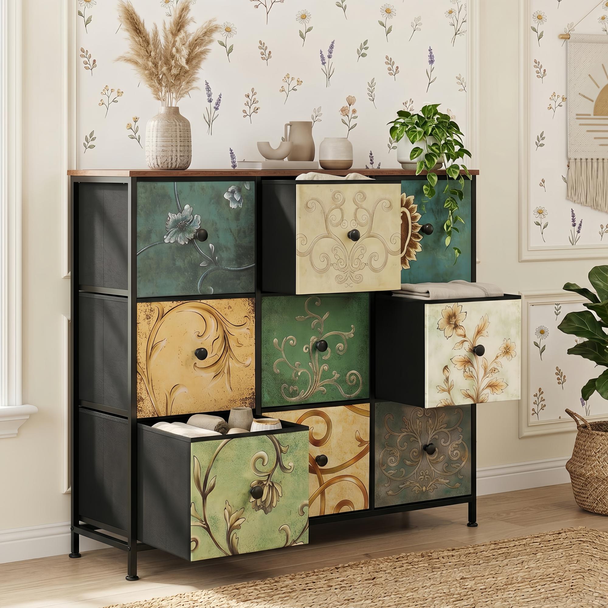 Commode 9 Tiroirs Vert 100 Cm - Meuble De Rangement Et Poignées Noires, Motif Vintage, Cadre En Métal Noir, Adaptée Au Salon, Chambre À Coucher