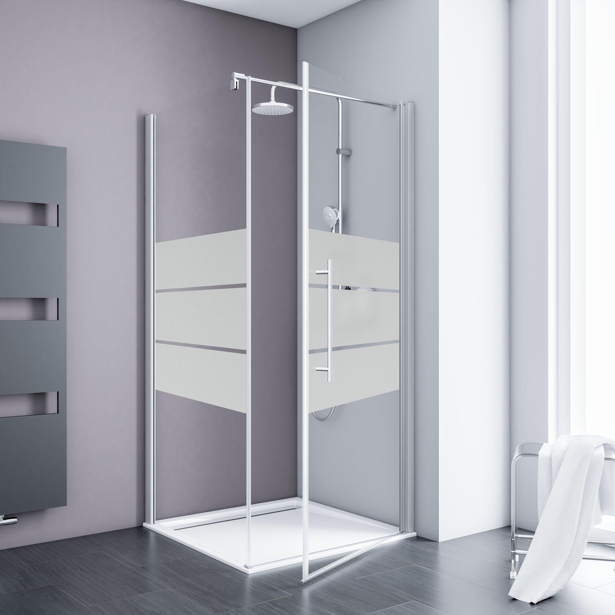 Duschkabine Drehtür Mit Seitenwand Alexa Style 2.0, 5 Mm Sicherheitsglas (esg) Dekor Depoli Light Mit Fixil Beschichtung, Alu-natur, 80 X 80 X 192 Cm - Schulte