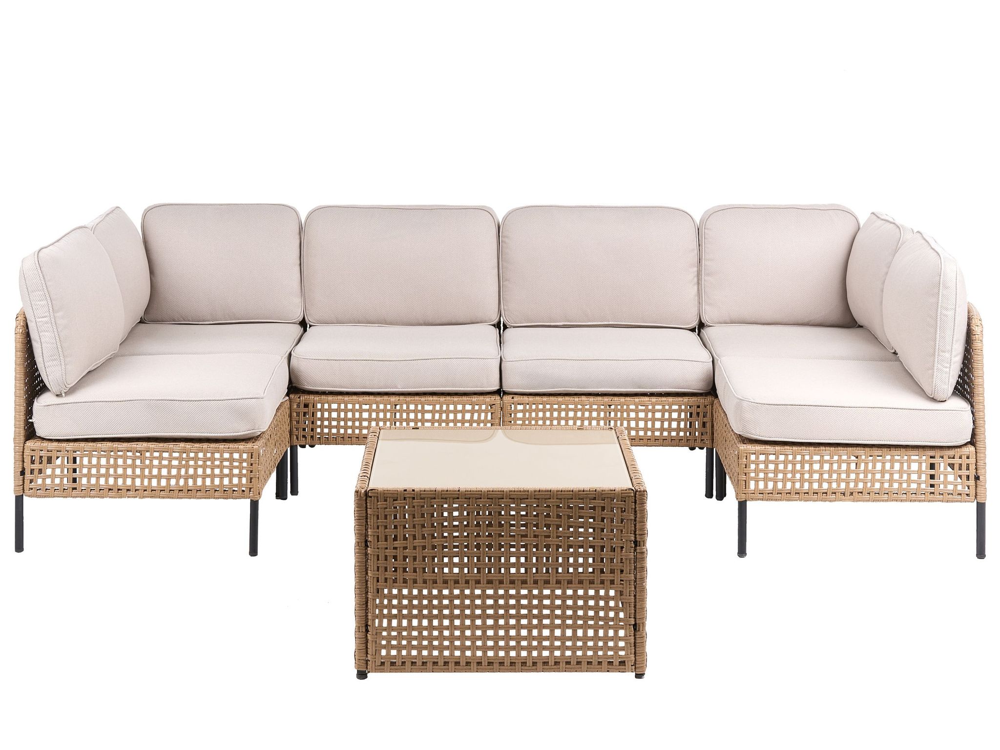 Beliani Modular Garden U-shaped Sofa Light Beige Pe Rattan 6 Seater With Glass Coffee Table Metal Frame With Cushions Modern Style Garden Patio Terrace