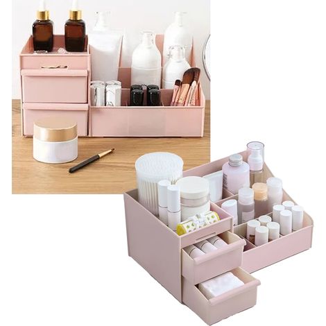 Boîte de rangement cosmétique élégante et multifonctionnelle, organisateur de maquillage de comptoir avec tiroirs, idéale pour l'école, le bureau et les fournitures artistiques (taille M, rose). (1/5)
