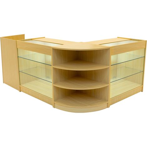 Set Mostradores Comerciales "ASTRO"   Arce  LM60 + 2xK900 + TB60 MDF y vidrio templado  Estantes y puertas corredizas con cerradura  Fácil Montaje  Mostrador Recepción Expositor Comercial Mesa