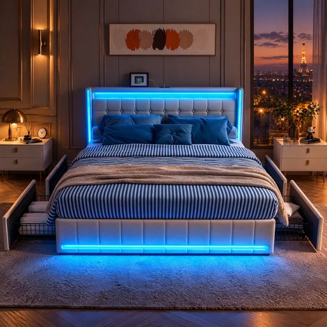 JOOKGBD-Doppelbett Polsterbett 160x200cm,Jugendbett,mit Bettkasten und Lattenrost,bett mit USB-Anschlüssen, LED-Bett mit 4 Schubladen,Leinenstoff,ohne Matratze,Beige