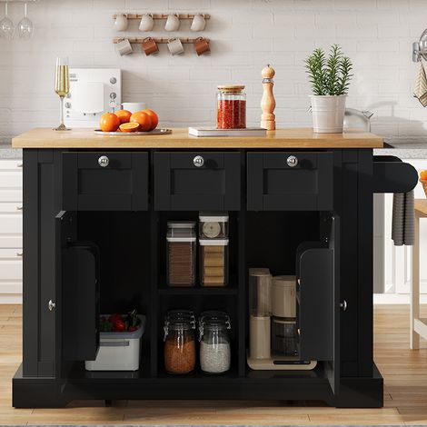 132cm Mobiler Küchentisch, Landhausstil, klappbare Arbeitsplatte, Multifunktionsschrank, Schublade, Gewürzregal, Handtuchhalter, 4 Rollen, integrierte Steckdose, Küche/Essen/Haus (1/4)