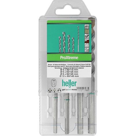 Heller ProXtreme 28263 5 carbure de tungstène Jeu de forets pour béton 4 pièces 5 mm, 6 mm, 8 mm, 10 mm manche triangul