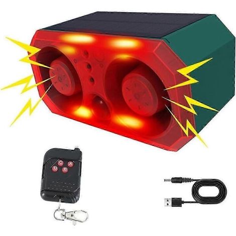 Alarme extérieure à détecteur de mouvement solaire avec 13 modes sonores, deux haut-parleurs de 130 dB et voyant d'alarme de détecteur de mouvement. (1/5)