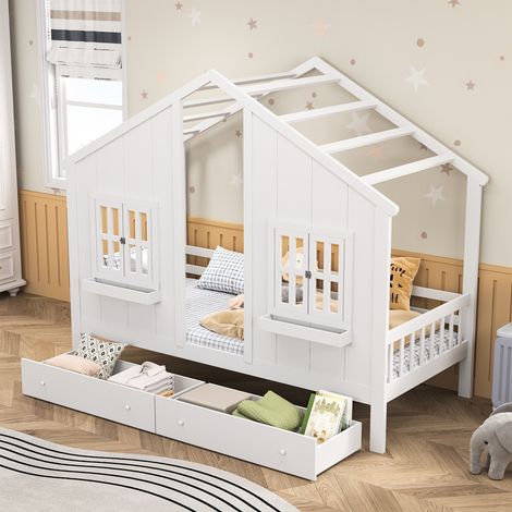 Hausbetten 90x200cm, Massivholz, Kinderbett mit 2 Schubladen, Rausfallschutz, Lattenrost, Moderner Stil - Weiß (1/5)