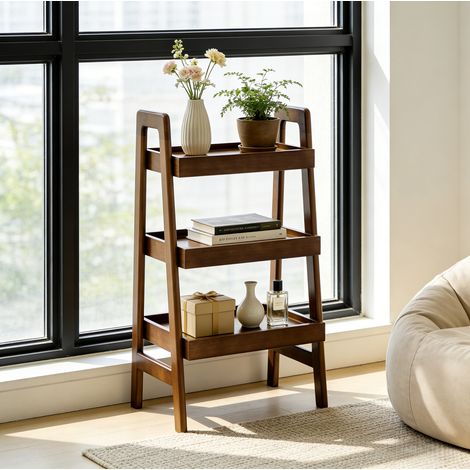 Étagère échelle 3 niveaux en bois massif, rangement ouvert compact avec rebords de protection, finition noyer (1/5)