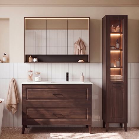 Set Einzel-Waschtischunterschrank rechts 100 cm Hochschrank und Spiegelschrank Moka dunkles Holz (1/5)