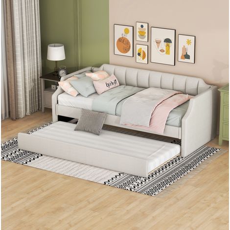 Bett Doppelbett Ausziehbar 90x200 Polster Leinen Beige OKMYHOME