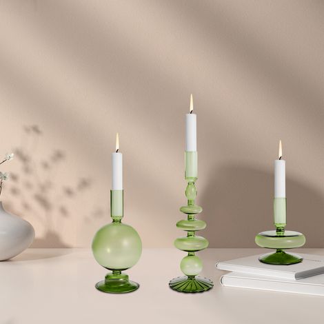 Lot de 3 bougeoirs en verre vert, bougeoirs pour bougies effilées de 14cm, 18cm et 28cm, centre de table pour mariages, anniversaires et fêtes, Luminaire (1/5)