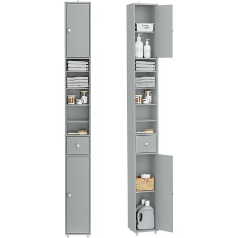 Sobuy meuble colonne salle de bain, armoire de toilette avec 4 étagères réglables, 1 tiroirs et 2 portes, gris,20x20x180cm, bzr34-hg (1/4)