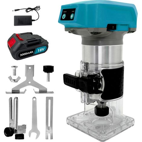 Router, router trimmer senza fili, router compatto per rifinitura manuale senza spazzole per scanalature, rifiniture, 6 velocità, + batteria da 3,0 A + caricabatteria, compatibile con batteria Makita