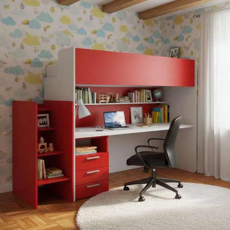 Letto a castello con scrivania integrata e scaletta contenitiva – Soluzione salvaspazio ideale per ragazzi - Bianco e Rosso