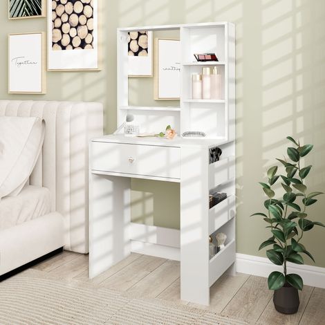 Table de maquillage blanche avec miroir, tiroir et étagère latérale à 3 niveaux, en panneau de particules