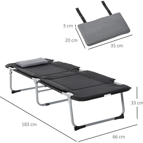 Lit de camp pliable avec oreiller, 183 x 66 x 33 cm, léger et portable pour le camping, noir/argent