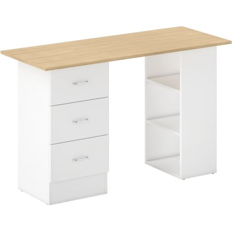 Natural Wood Finish Computer Desk with 3 Storage Shelves and Drawers for Home Office Workstation in White