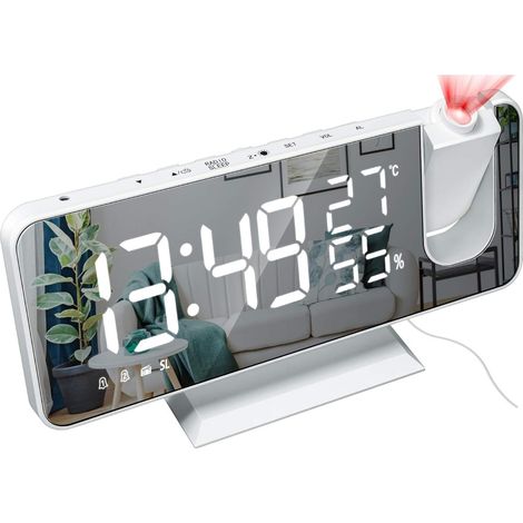 Réveil radio à projection LED avec grand écran, affichage de la température et de l'humidité, idéal pour la chambre, la cuisine ou comme cadeau - Coque blanche