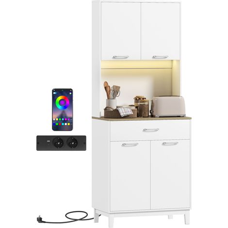 Modernes Sideboard mit LED-Beleuchtung, Steckdosen und USB-Anschlüssen, 2 Schränken und einer Schublade, 71 x 40 x 180 cm, weiß
