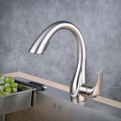 Mitigeur cuisine extractible 360° douchette double fonction, nickel brossé (1/5)