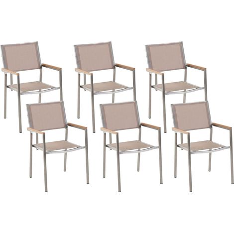 Set di 6 Sedie da Giardino in Tessuto Beige e Gambe in Acciaio Inox Grosseto