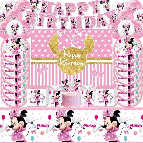 Kit Decoration Anniversaire Minnie - Assiettes Couverts Serviettes Nappe Bannière Ballons Topper Gâteau Tissu Arrière-plan - 10 Pièces (1/4)
