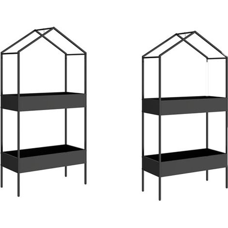 2er-Set 2-Etagen Pflanzenständer in Hausform, 150 cm hoch Blumenständer mit Haken, Metall Schwarz
