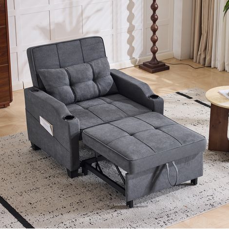 Sofa-Sessel 3-in-1 aus Holz und Metall, dunkelgrau, ausziehbar mit 3 Neigungswinkeln, USB-Anschluss und Getränkehaltern (1/5)