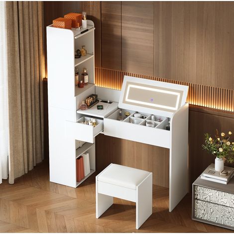 MODFU – Coiffeuse 131x40x160 cm – Miroir LED 3 couleurs, USB – Rangement latéral – Tabouret inclus – Blanc (1/5)